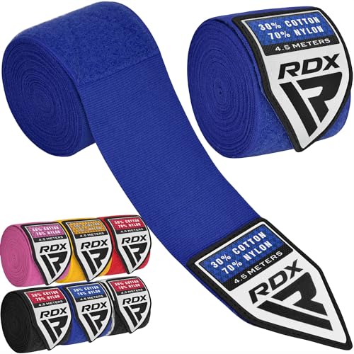 RDX Boxing Hand Wraps 4.5M / 180 Inches – Mexican Style Semi-Elastic MMA Inner Gloves - Wrist Support for Muay Thai, Kickboxing, BJJ, Karate - Thumb Loop & Hook and Loop Closure - Cotton & Nylon Blend - color: Blue