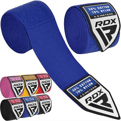 RDX Boxing Hand Wraps 4.5M / 180 Inches – Mexican Style Semi-Elastic MMA Inner Gloves - Wrist Support for Muay Thai, Kickboxing, BJJ, Karate - Thumb Loop & Hook and Loop Closure - Cotton & Nylon Blend - color: Blue