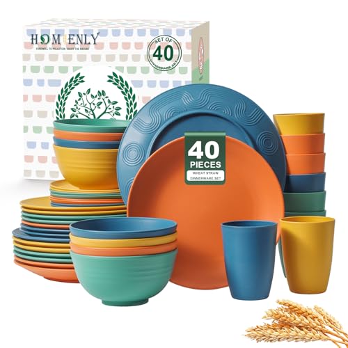 Homienly 40-Piece Premium Wheat Straw Dinnerware Sets, Service for 8, Unbreakable Plates and Bowls Set - Cups Sets, Dinner Plates, Bowls for Kitchen,Dishwasher and Microwave Safe Dishes Set - Multi - color: Multicolor, size: 40 PCS