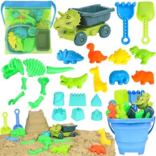 FUSPWEAO Beach Toys with Dump Truck, Collapsible Bucket for Kids Ages 3-12 | Dinosaur Sand Play Set with Sand Molds, Travel Mesh Bag for Sandbox, Backyard, Summer Beach Games, Multi-Scene Outdoor Fun