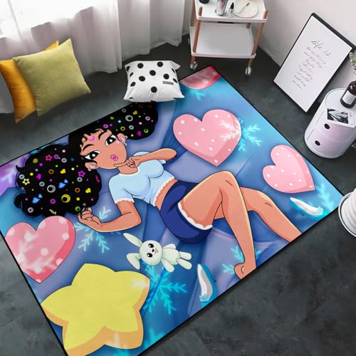 Black Girl Area Rug for Bedroom African Black Girls Floor Rugs for Living Room Playroom Blue Cute Cartoon Anime with Love Prints Carpets Home Decor Small Soft Yoga Mats, 2'×3' - color: G32, size: 2' x 3' (Rectangular)
