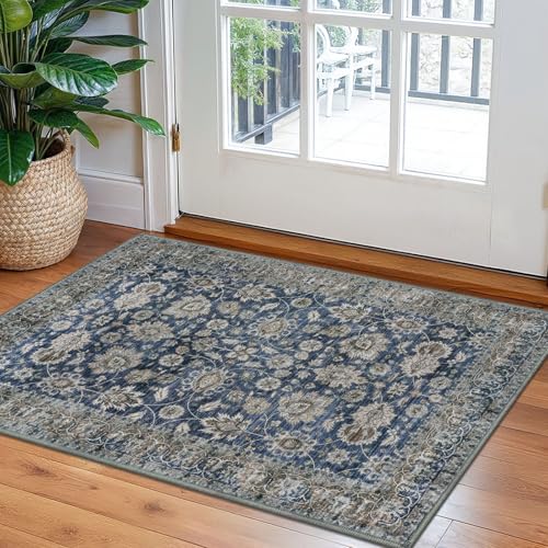 KOZYFLY Vintage Washable Entryway Rug 2x3 Non-Slip Blue - color: Blue, size: 2' x 3' (Rectangular)