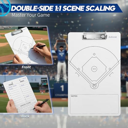 Baseball Clipboard for Coaches, Double-Sided Dry Erase Board | Field diagram, home and away 12-player lineups, score, and pitch-count areas; marker and eraser are not included. - style: Baseball