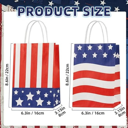 LAOREI 12 Pcs 4th of July Gift Bags with Handles, Patriotic Paper Goodie Sacks, Red White Blue American Flag Treat Bags for Independence Day Party, Memorial BBQ, Veterans Event, Birthday - color: Red White Blue