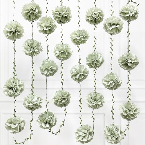 Sage Green Tissue Paper Flowers Pom Pom with Leaf Ribbon Dusty Green Hanging Garland Streamer for Birthday Wedding Shower Engagement Woodland Safari Jungle Neutral Party Decorations Supplies - color: Dusty Green