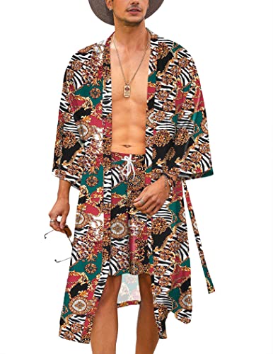 COOFANDY Men Lightweight 2 Piece Kimono Robe with Shorts Japanese Robes Casual Open Front Long Cardigan With Belt - color: White(luxury Print), size: Small