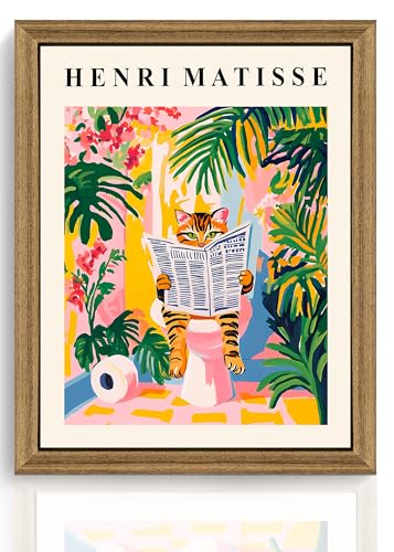ICHZUMW Framed Funny Tabby Cat Matisse Canvas Bathroom Wall Art, 8x10 In - color: Matisse Reader, size: 10"L x 8"W