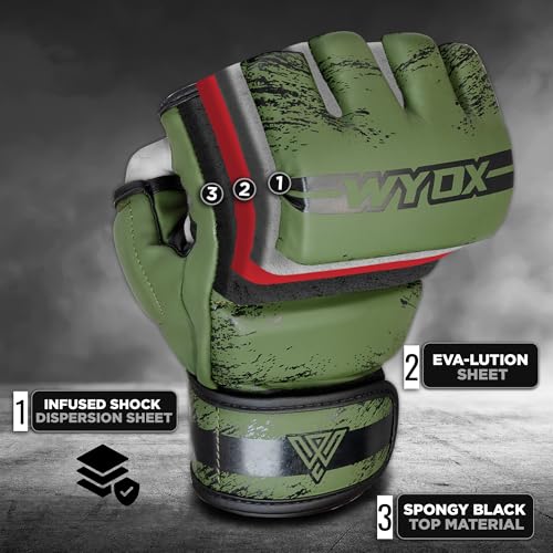 WYOX MMA Gloves & Boxing Focus Mitts Set – Hybrid Open Palm Grappling Gloves with Wrist Support + Curved Punching Pads with Gel Shock for Muay Thai, Kickboxing, Karate Training (Men & Women)