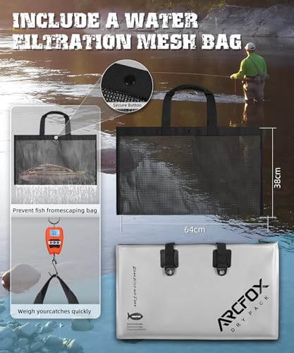 ARCFOX Live Fish Bag Weigh in Bag 28x17in Gray, Tournament Fishing, Detachable Mesh Liner, Waterproof, Leakproof, Airtight Zipper, Inflatable/Drain Valve, Oxygen Machine Storage Pocket, Measure Scale