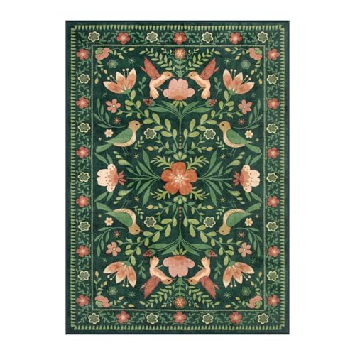 Moynesa Living Room Rug 5x7, Washable Modern Cottage Green Area Rugs for Bedroom Dining Room, Farmhouse Aesthetic Floral Bird Print Carpet, Vintage Home Decor Open Floor Areas Non-Slip Protection - color: Green, size: 5' x 7' (Rectangular)