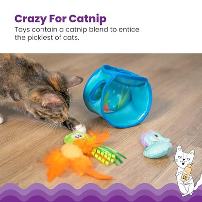 Catstages Hide & Seek Fish Bowl Interactive Cat Toy with Two Catnip Blend Toys, Blue
