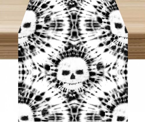 Skull Table Runner Black White Abstract Tie Dye Skull Halloween Decor for Indoor Outdoor Party Dinner Festival Farmhouse Holiday Home Kitchen Dining Room, 13x36in - color: Skeleton-blue, size: 13x36in