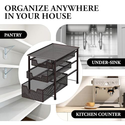 Simple Houseware Stackable 3 Tier Sliding Basket Organizer Drawer, Bronze - color: Bronze, size: 3-Tier