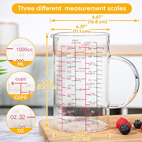 Glass Measuring Cup with Handle, [Double-Sided Measuring Scale, V-Shaped Spout, Insulated handle], High Borosilicate Glass Measuring Cup with Three Scales (OZ, Cup, ML) for Liquid (4 Cup) - size: 4 Cup (1000 ml)