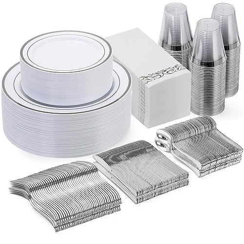 Goodluck 350 Pcs Silver Dinnerware Sets for 50 Guests, Disposable Plate Set - color: Silver, style: 50 Guests