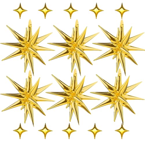 6 Pcs 22" & 10 Pcs 10" Star Foil Balloons - Gold, 12 Point & 4 Point Star Balloons for Party Supplies, Christmas, Birthday, Wedding - color: 16 Pcs Gold Star Balloons