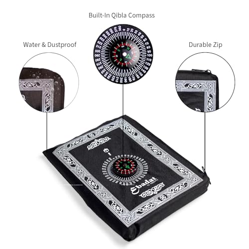 ABDEEZ Portable Travel Prayer Mats | Compass, Weights (Keeps mat in Place), and Pouch, Pocket Size (Single Pack) (Black) - color: Black
