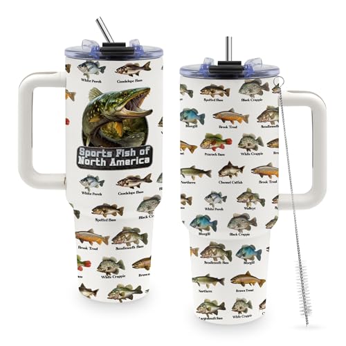 Fishing Coffee Mug, Fish Gifts for Dad, 40oz Tumbler, Fishing Gifts for Men with Handle and Straw, Christmas, Thanksgiving, Birthday Gifts for Fisherman, Party Supplies, Stainless Steel Cup - color: Fish-White