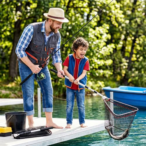 2 Pack Fishing Net with Telescopic Pole Handle, Fish Landing Net with Sturdy Collapsible Handle, Folding Nylon Mesh Landing Net for Saltwater and Freshwater, Extend to 51 in(Black, White)