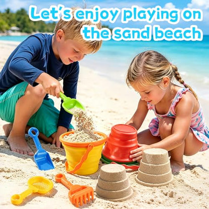 Collapsible Beach Toys for Kids, 2 Packs Foldable Silicone Sand Buckets Set with 4 Packs Sand shovels and Mesh Bag, Travel Beach Essentials for Sandbox, Pool, Camping,Fishing, Summer Party Favors - color: Red-yellow
