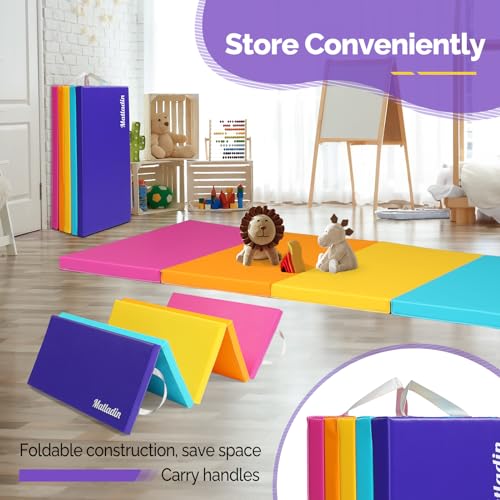 Matladin Folding Gymnastics Gym Exercise Aerobics Mat, 76"L x 30"W x 1.5"Th Folding Exercise Mat, Easy to Clean PU Leather Tumbling Mats for Stretching Yoga Cheerleading Martial Arts, Kid Play(Pink ,Blue） - color: Bright Multi-color