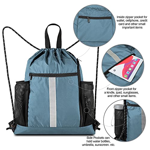 BeeGreen Blue Sport Cinch Bag String Backpack with Shoe Compartment and Two Side Mesh Pockets Machine Washable Sturdy Gymsack Drawstring Sackpack - color: Blue Haze, style: Drawstring With Shoe Compartment
