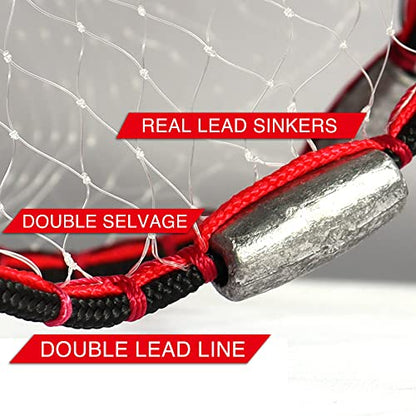 Cast Net, Lead, 3-12ft Radius, 3/8 and 1/4 in Mesh, for Bait Fish | Stainless Steel Swivel, Neoprene Wrist Strap, Repair Kit Included, Storage Box Included - size: 10ft Radius, 3/8" Mesh