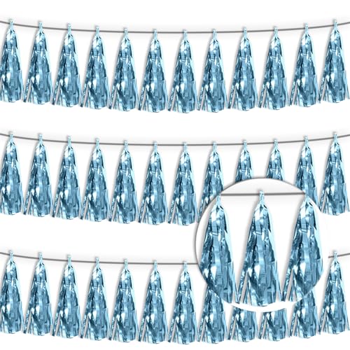 3P Light Blue Tassel Banner Garland Metallic Foil Fringe Banner Tinsel Tassels Streamer Banner Backdrop for Parade Floats, 2025 Graduation Decorations, Wedding Party Decoration - color: Light Blue