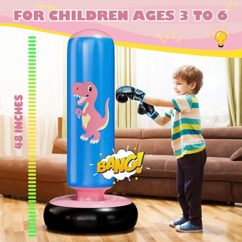 QPAU Inflatable Punching Bag, 48 Inch Stable Inflatable Boxing Bag for 3-6 Kids,Dinosaur Toy & Gifts for Boys and Girls, Kids Boxing Set for Practicing Karate, Taekwondo - color: Dinosaur Pink