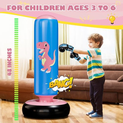 QPAU Inflatable Punching Bag, 48 Inch Stable Inflatable Boxing Bag for 3-6 Kids,Dinosaur Toy & Gifts for Boys and Girls, Kids Boxing Set for Practicing Karate, Taekwondo - color: Dinosaur Pink