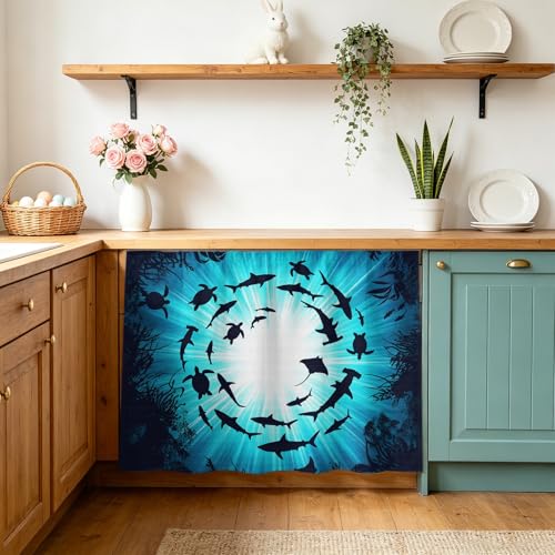Blue Coastal Sink Skirt 11"Wx13"L, Dustproof Under Sink Curtain with Self Adhesive Tape, Nautical Fish Turtle Coral Cabinet Curtain Cover for Bathroom Vanity, RV, Kitchen Cabinet Storage Shelf - size: 11"W x 13"L (Pack of 1)