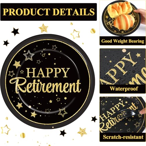 48Pcs Happy Retirement Paper Plates and Napkins Retirement Party Decorations Farewell Black and Gold Party Supplies Disposable Dinnerware Dessert Plates for Birthday Graduation Women Men Serves 24 - style: Happy Retirement