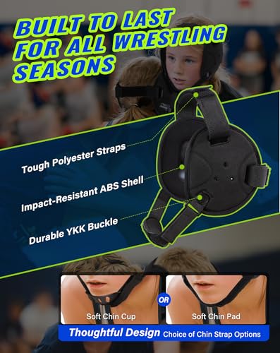Trymaker Wrestling Headgear, Head Gear for Youth with Chin Cup & Pad | Head Under 21", Ages 4–9, Sorf Triple-Layer Ear Guard, 3-Point Adjustment System, MMA, Jiu-Jitsu, BJJ - color: Black Headgear & Black Strap