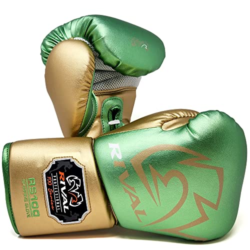 RIVAL Boxing RS100 Professional Lace-Up Sparring Gloves, Handcrafted with Super-Rich Microfiber PU, Ergonomically Designed to Perfectly Fit Your Hand - color: Green/Gold, size: 16 oz.