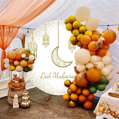 7.2ft Eid Mubarak Round Backdrop Cover Circle Arabian Ramadan Mubarak Islamic Muslim Circle Backdrop Gold Moon Lantern Circle Circle Background Polyester for Hajj Festival Party Decor Banner - size: 7.2ft-Diameter