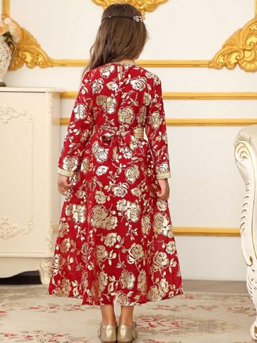 Girls Muslim Abaya Ramadan Prayer Dress V Neck Floral Middle East Arabic Kaftan - size: 4