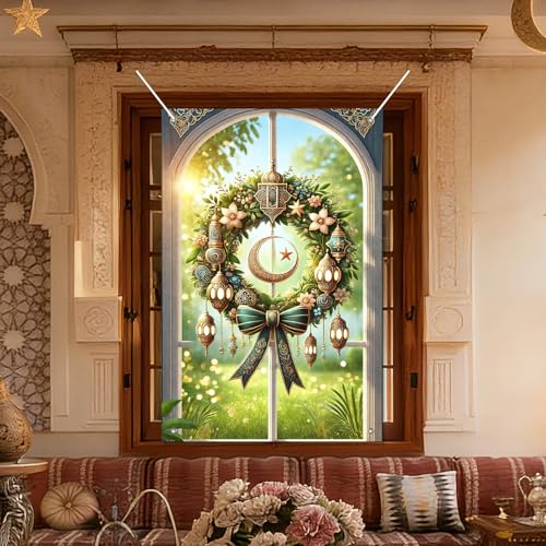 HOMETITUTE Eid Ramadan Window Banners Eid Mubarak Holiday Windows Cover Festival Curtain for Living Room Bedroom 31x47 Inch Moon and Star Window Hanging Festival Windows Backdrop - color: Colorful2