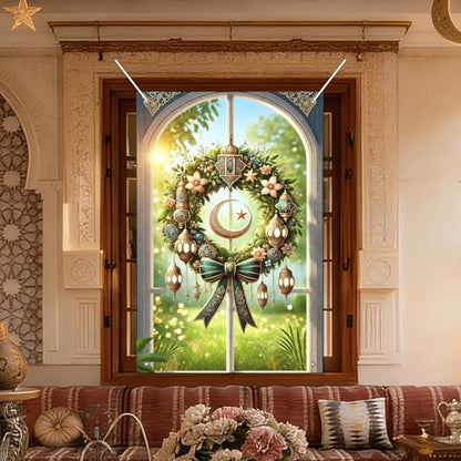 HOMETITUTE Eid Ramadan Window Banners Eid Mubarak Holiday Windows Cover Festival Curtain for Living Room Bedroom 31x47 Inch Moon and Star Window Hanging Festival Windows Backdrop - color: Colorful2