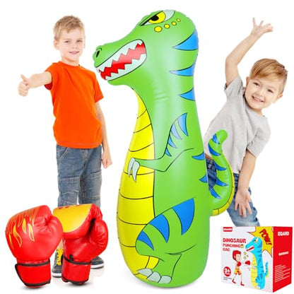 Punching Bag for Kids 47" Inflatable Dinosaur Bop Bag with Thicker Material Instant Bounce Back with Boxing Gloves Karate Kickboxing Taekwondo Kids Gift for Age 3-9 Girls & Boys - color: Green