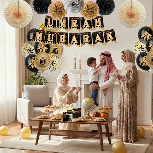 Umrah Mubarak Decorations Party Banner - Black Gold Mubarak Balloons Paper Pom Poms and Cake Topper, Hajj Mubarak Islamic Festival Decor Supplies