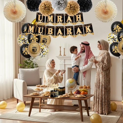 Umrah Mubarak Decorations Party Banner - Black Gold Mubarak Balloons Paper Pom Poms and Cake Topper, Hajj Mubarak Islamic Festival Decor Supplies