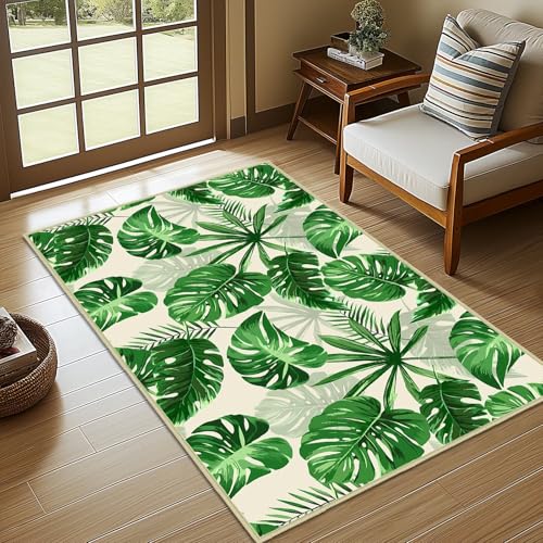 Sage Green Leaves Area Rug 3x5,Plant Leaf Print Rugs for Bedroom,Ultra-Thin Washable Throw Carpet,Botanical Print Entry Indoor Door Mat Non Slip Accent Floor Carpets for Bedside,Entryway,Living Room - size: 3'x5'
