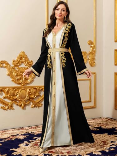 Elegant Muslim Dress with Gold Embroidered Evening Gown, Traditional Islamic Attire - color: A-black, size: Medium