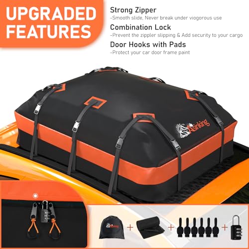 Car Rooftop Cargo Carrier Bag 21 Cubic feet Waterproof Car Roof Top Bag for All Cars with/Without Rack, Includes Anti-Slip Mat, 10 Reinforced Straps, 6 Door Hooks, Luggage Lock - size: 21 Cubic Feet