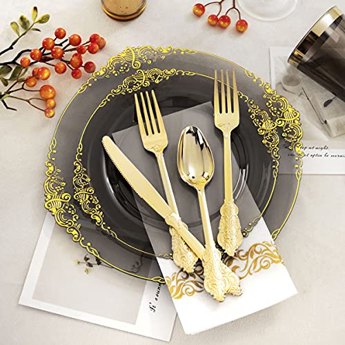 Nervure 175pcs Clear Black Plastic Plates - Gold Plastic Dinnerware Set for 25 Guests include 50 Disposable Plates,75 Gold Silverware,25 Cups,25 Napkins Perfect for Party&Independence Day - color: Black, style: 175Pcs(25Guests)