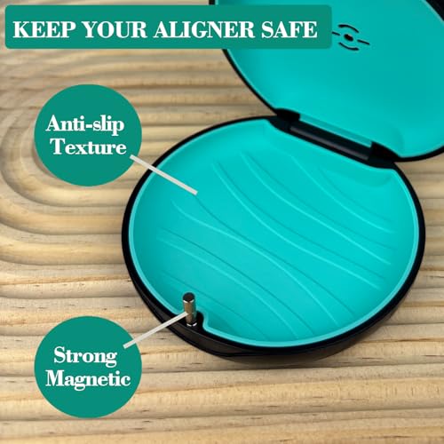 2 Pack Retainer Case with Vent Hole, Compatible with Invisalign | Portable Slim Travel Aligner Case,Secure Magnetic Closure-Food Grade Silicone Pad(Mix Colors) - color: Black Purple+Black Cyan