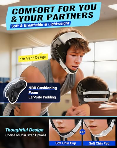 Trymaker Wrestling Headgear, Youth Head Gear with Chin Cup & Pad | Age 10+, Sorf Triple-Layer Ear Guard, 4-Point Adjustment System, MMA, Jiu-Jitsu, BJJ - color: Black Headgear & White Strap