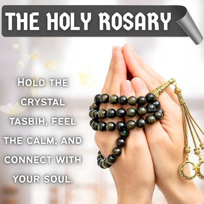 Amazing Gemstone Crystal Tasbeeh with Moon and Star Charm - Certified Crystal Muslim Prayer Beads Natural Gemstone Tasbih Gift for Ramadan Dhikr and Daily Namaz (G) - color: Gold Sheen Obsidian