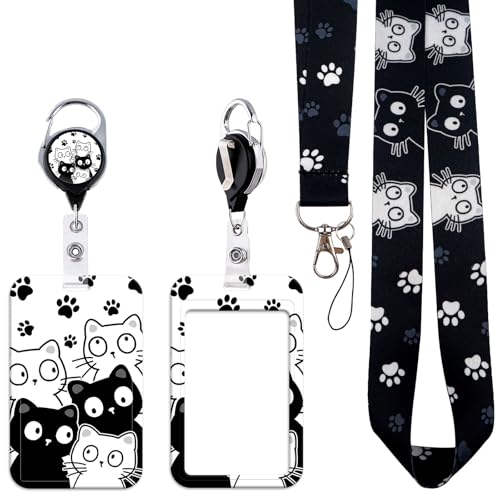 Lanyards for Id Badges, Retractable Heavy Duty and Detachable Name Tag Clips, Cute Black and White Cat Lanyard with Id Badge Holders for Kids, Teachers, Students and Nurses - style: Cat