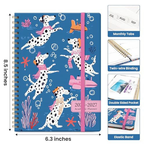 Planner 2026–2027, Academic Monthly Weekly Spiral Calendar, July 2026 – June 2027, Hardcover Agenda Notebook with Tabs, 6.3" x 8.5", Perfect for Students, Teachers, School & Daily Planning - Submerged Dalmatians - color: U-Submerged Dalmatians, size: (6.3